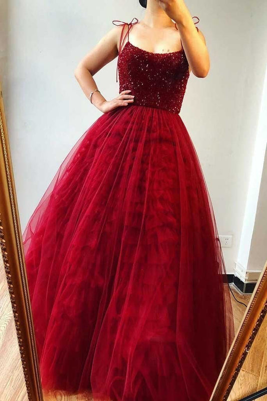 Spaghetti Straps Beaded Bodice Long Burgundy Prom Dresses Evening Gown,Maxi Dress