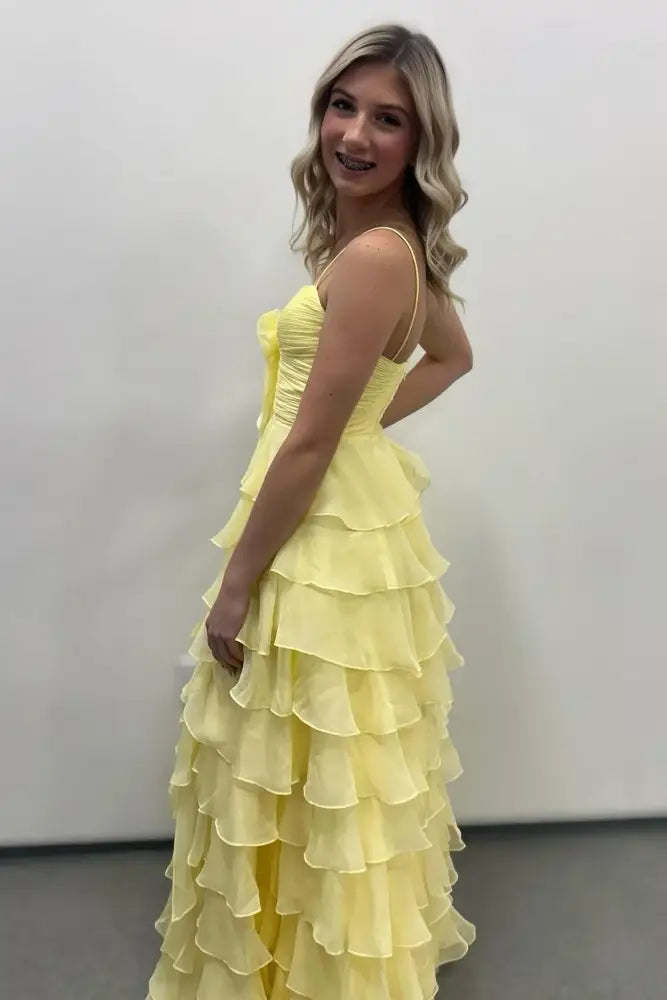 Spaghetti Straps Chiffon A-Line Tiered Party Prom Dress With Slit
