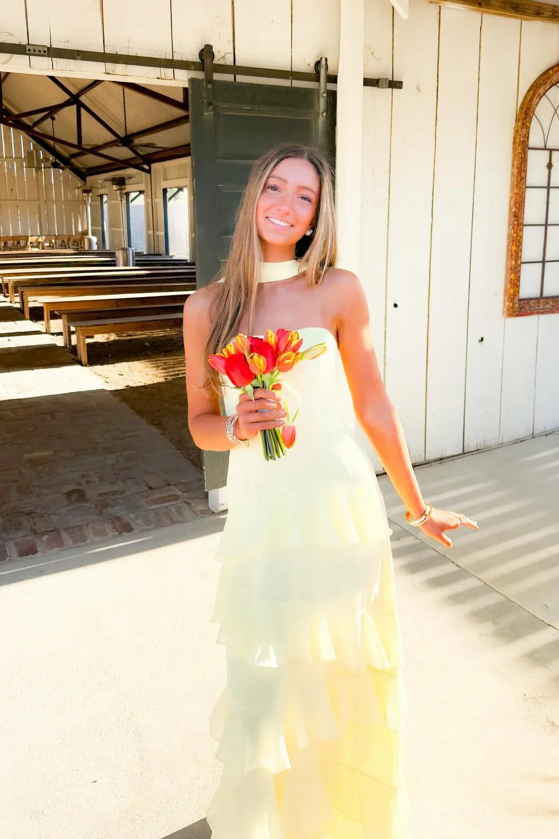Spaghetti Straps Chiffon Tiered A-Line Floor-Length Party Prom Dress