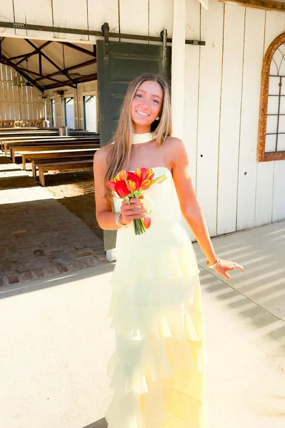 Spaghetti Straps Chiffon Tiered A-Line Floor-Length Party Prom Dress