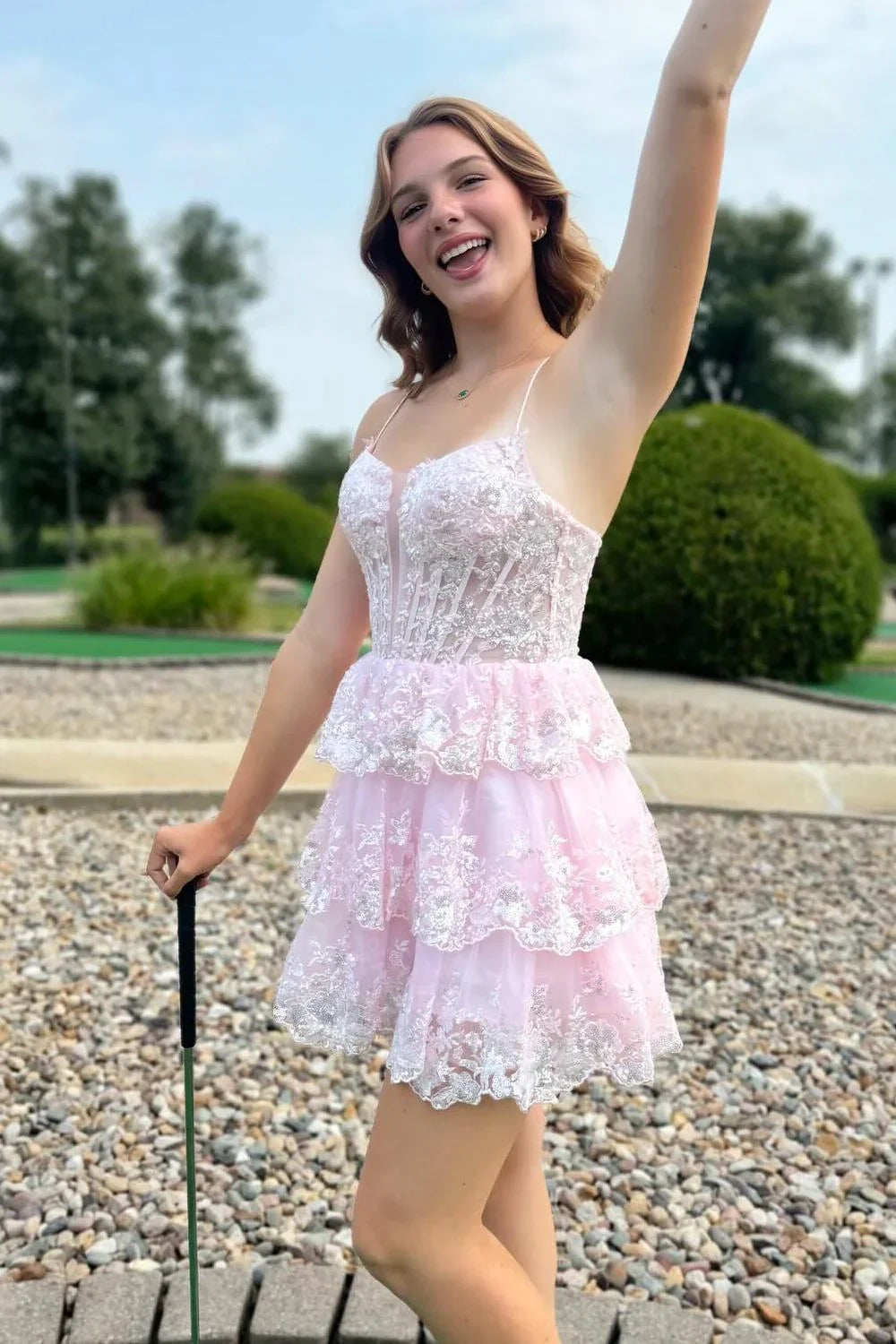 Spaghetti Straps Empire A-Line Lace Tiered Homecoming Dress