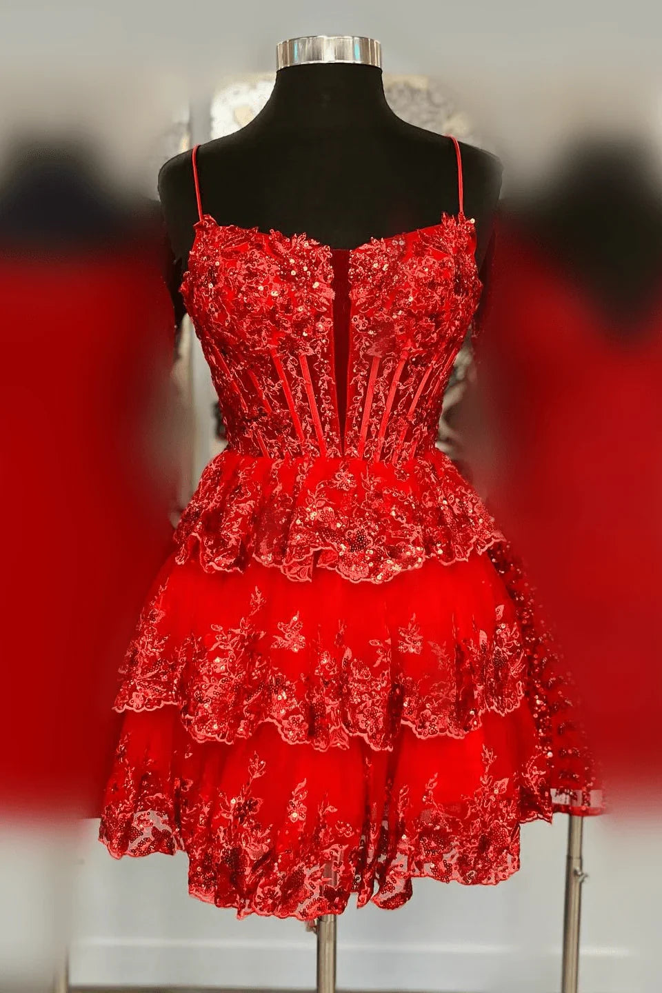 Spaghetti Straps Empire A-Line Lace Tiered Homecoming Dress