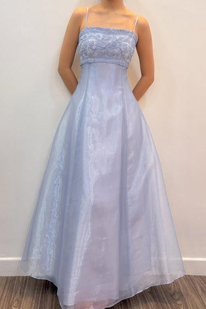Spaghetti Straps Lace-Up Tulle A-Line Appliques Party Prom Dress