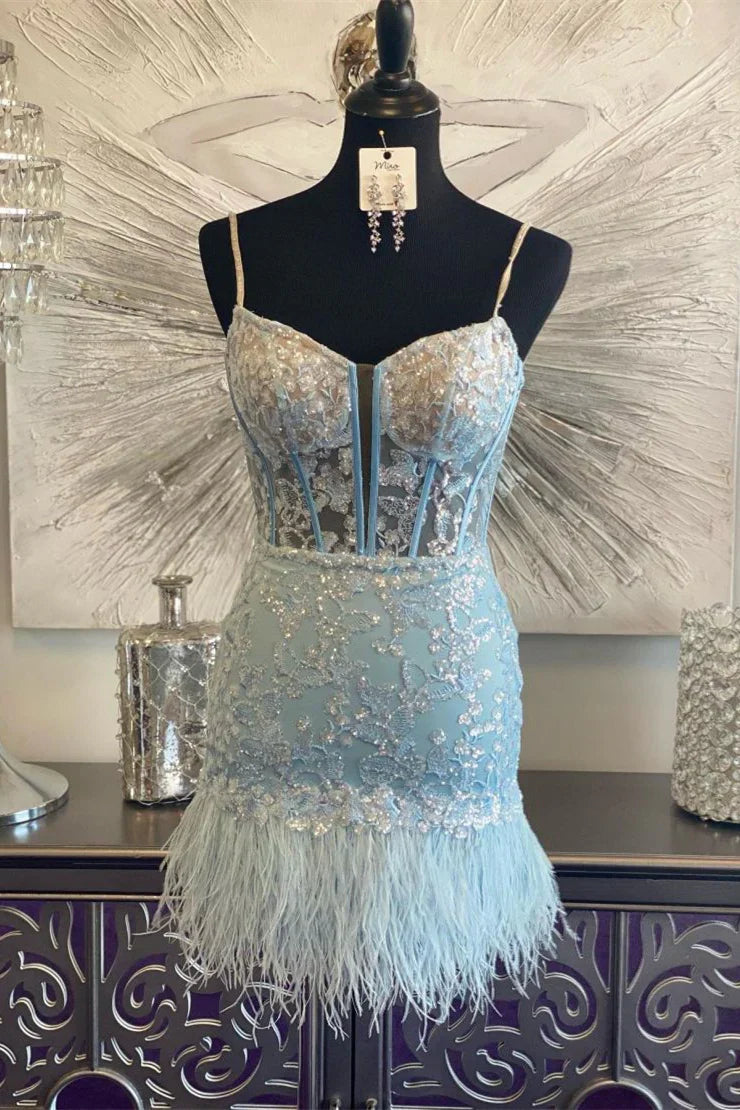 Spaghetti Straps Lace And Feathers Mini Homecoming Dress