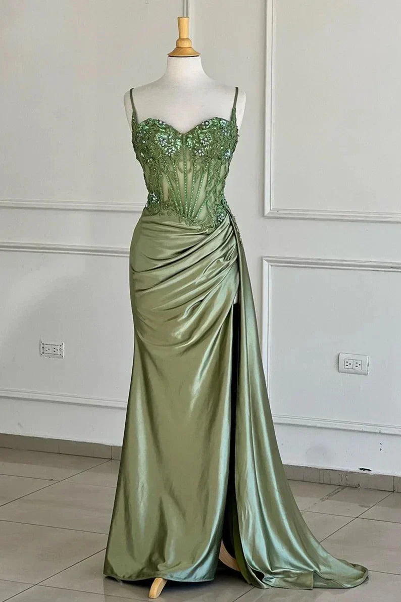 Spaghetti Straps Lace Appliques Mermaid Party Prom Dress With Slit