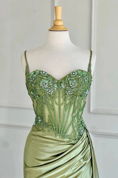 Spaghetti Straps Lace Appliques Mermaid Party Prom Dress With Slit