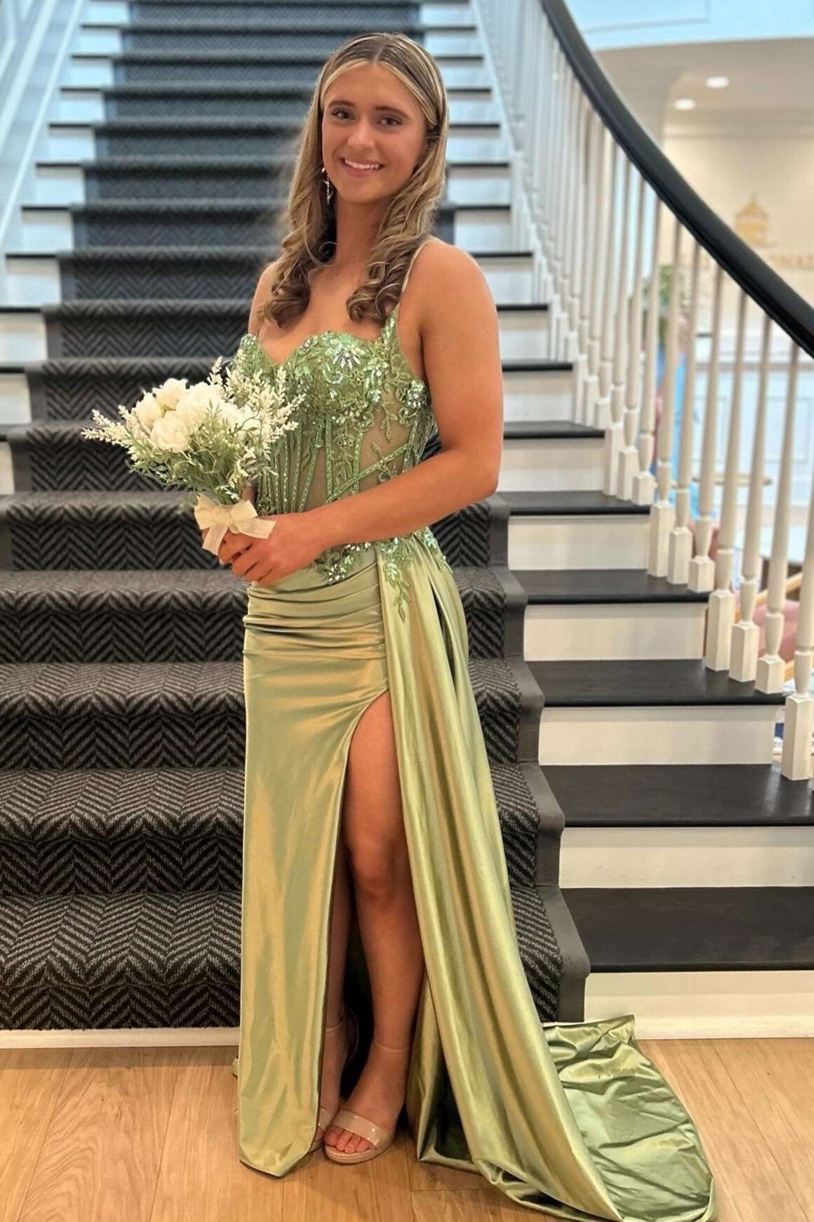 Spaghetti Straps Lace Appliques Mermaid Party Prom Dress With Slit