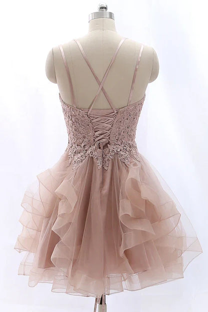 Spaghetti Straps Lace Appliques Ruffle Tulle A-Line Homecoming Dress