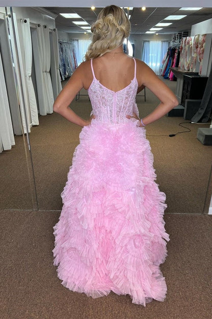 Spaghetti Straps Lace Appliques Tulle A-Line Formal Party Prom Dress