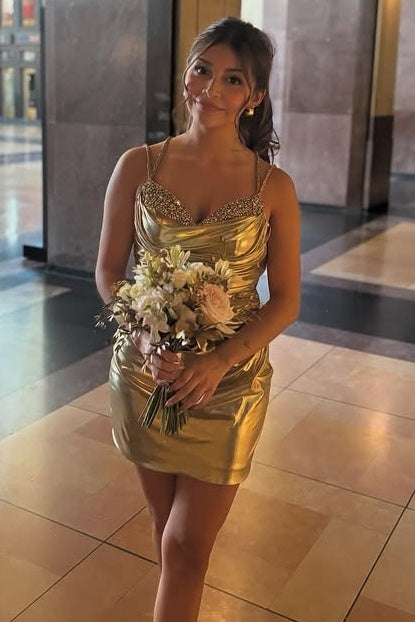 Spaghetti Straps Open Back Beaded Satin Empire Homecoming Dress