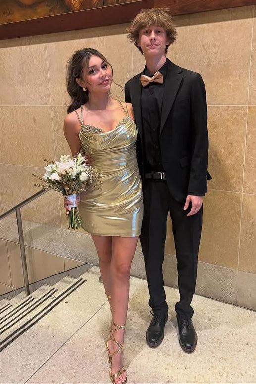 Spaghetti Straps Open Back Beaded Satin Empire Homecoming Dress