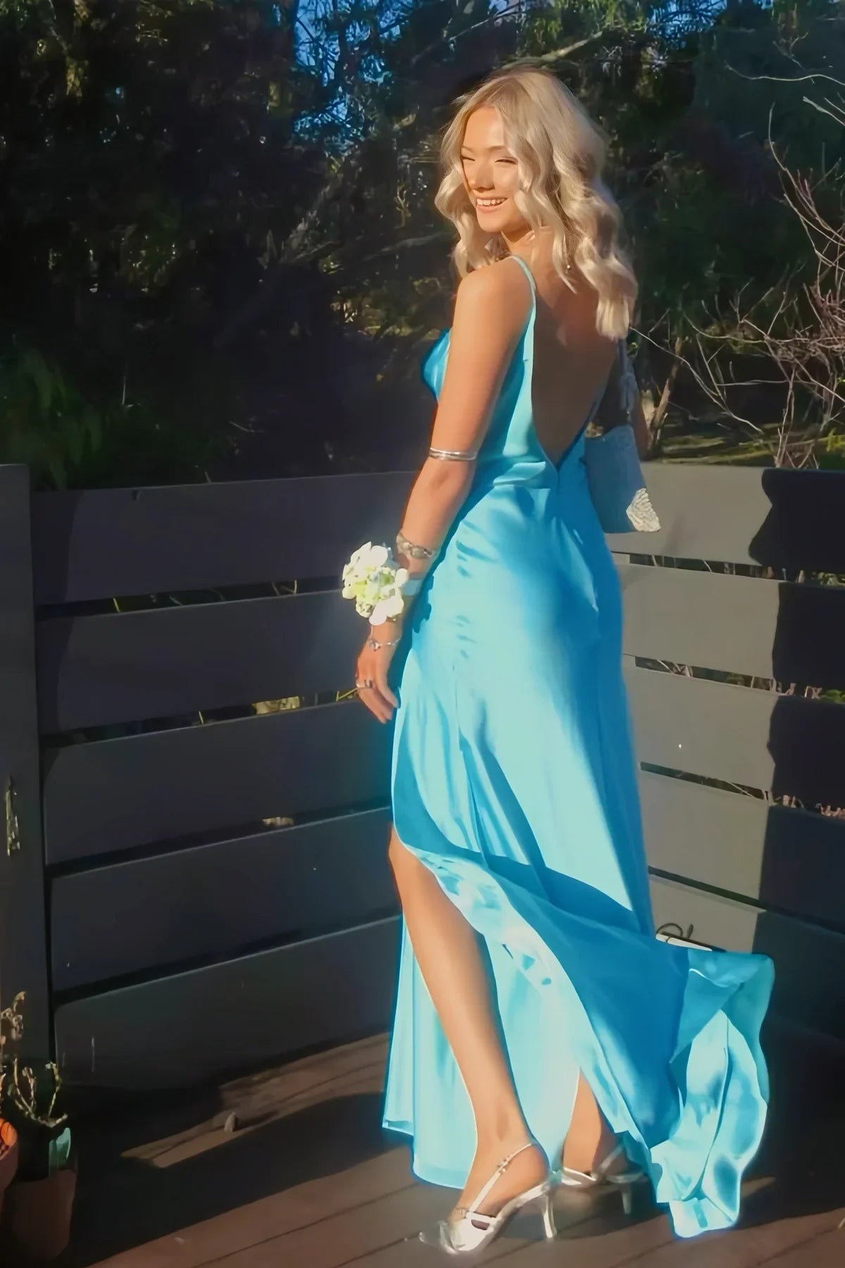 Spaghetti Straps Open Back Satin A-Line Party Prom Dress