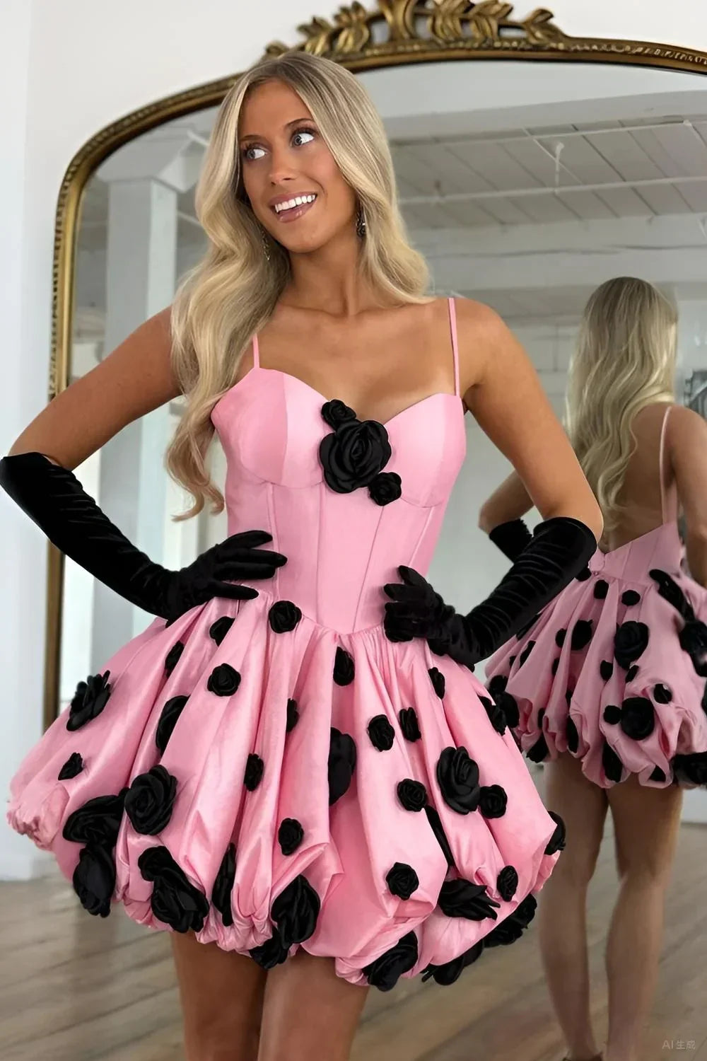 Spaghetti Straps Satin A-Line 3D Florals Homecoming Dress