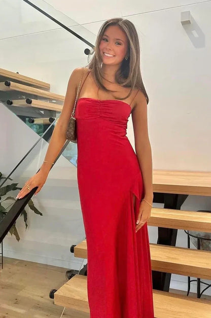 Spaghetti Straps Satin A-Line Party Prom Dress With Slit