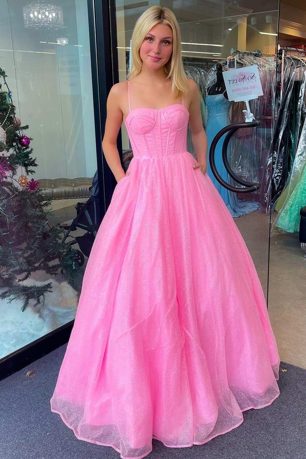 Spaghetti Straps Sweetheart Empire Sparkly Party Prom Dress