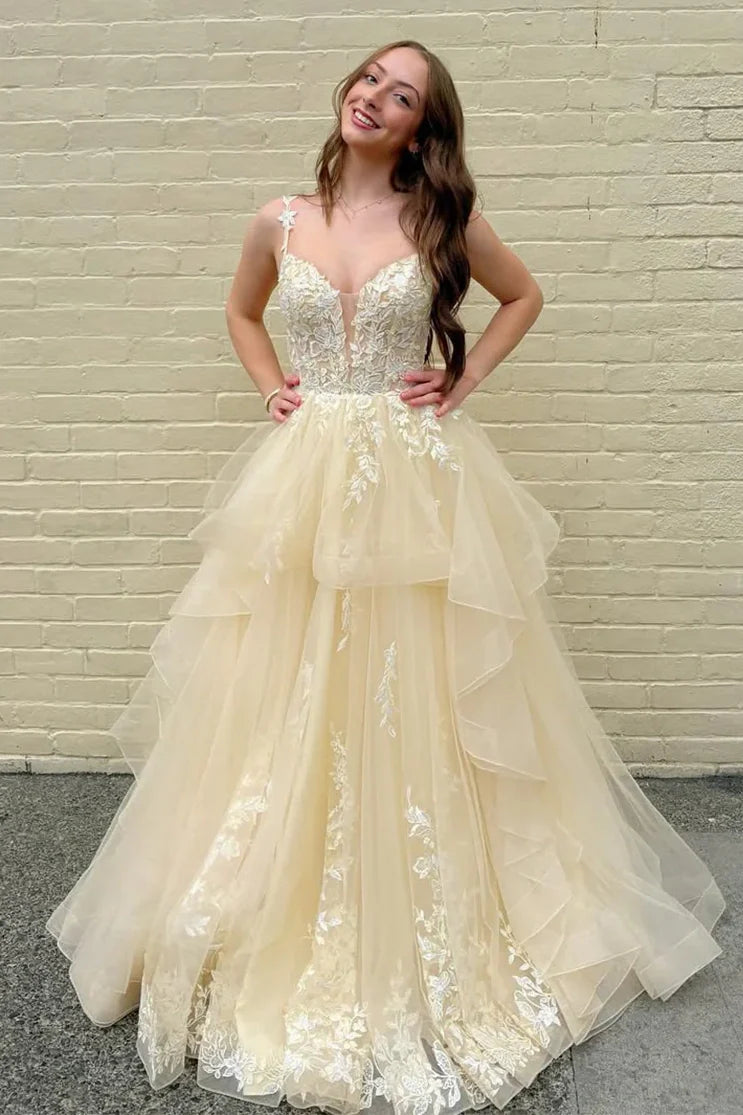 Spaghetti Straps Tulle A-Line Lace Appliques Prom Party Dress