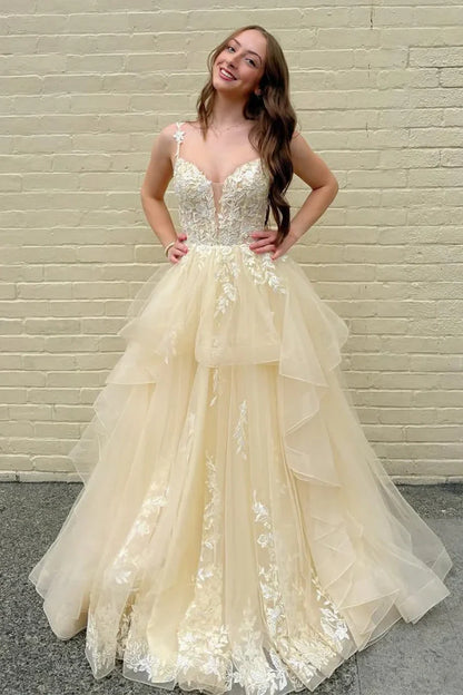 Spaghetti Straps Tulle A-Line Lace Appliques Prom Party Dress