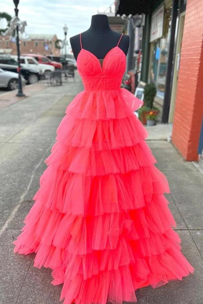 Spaghetti Straps Tulle A-Line Tiered Party Prom Dress
