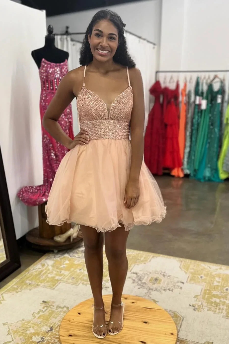Spaghetti Straps Two Tone A-Line Lace Up Homecoming Dress