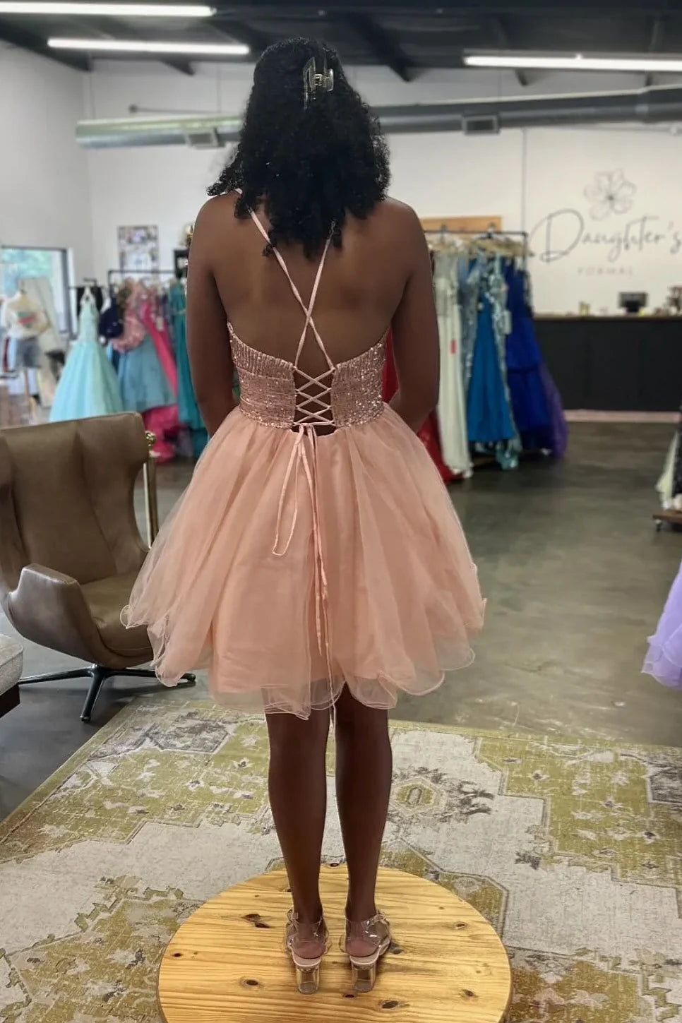 Spaghetti Straps Two Tone A-Line Lace Up Homecoming Dress