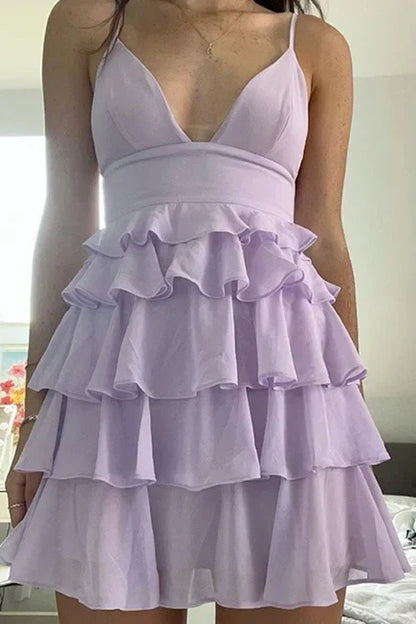 Spaghetti Straps V-Neck A-Line Empire Tiered Homecoming Dress