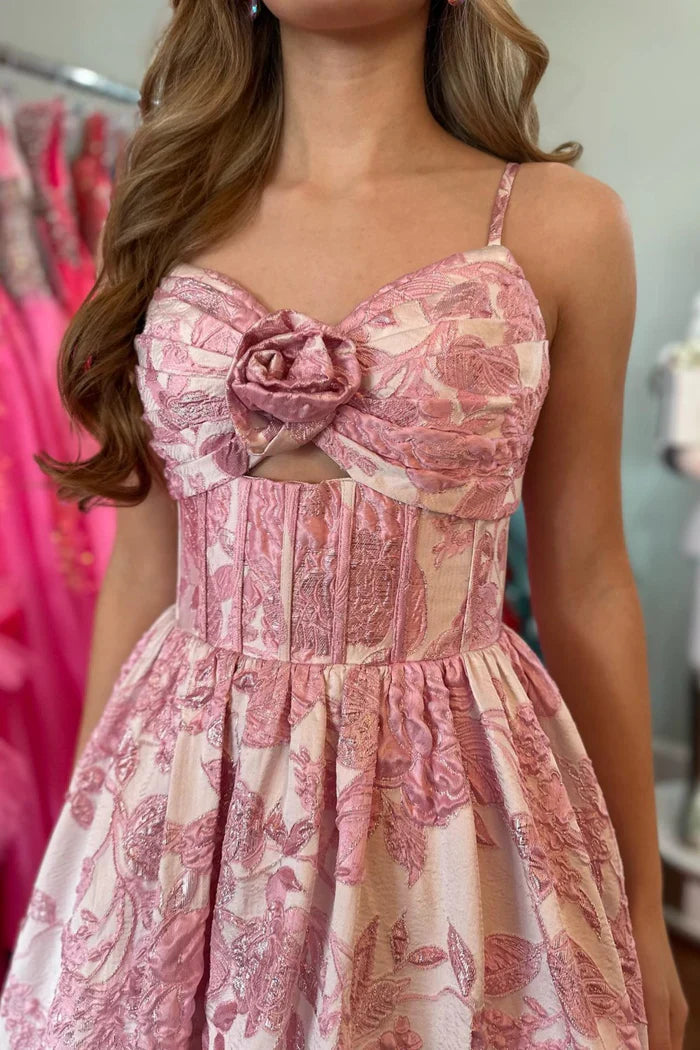 Spaghetti Straps V-Neck A-Line Floral Satin Empire Party Prom Dress