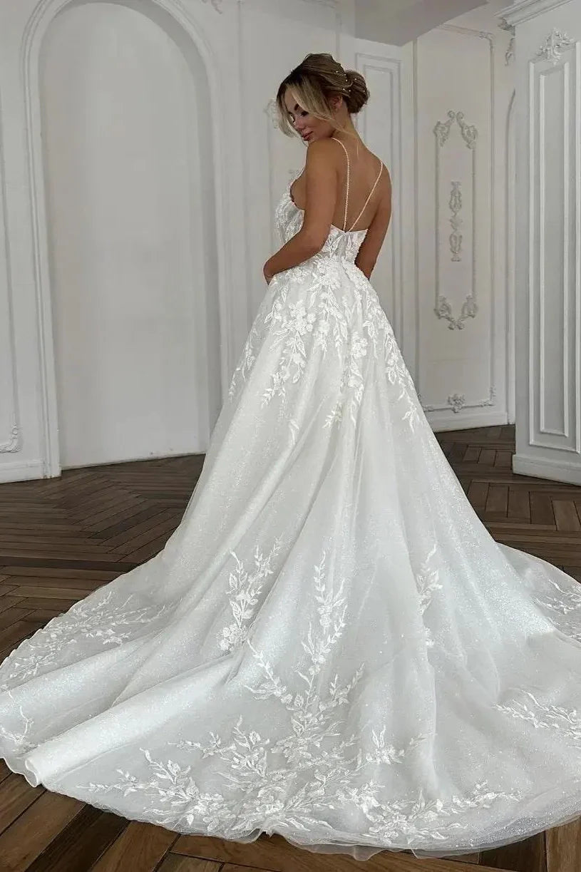 Spaghetti Straps V-Neck A-Line Long Wedding Dress