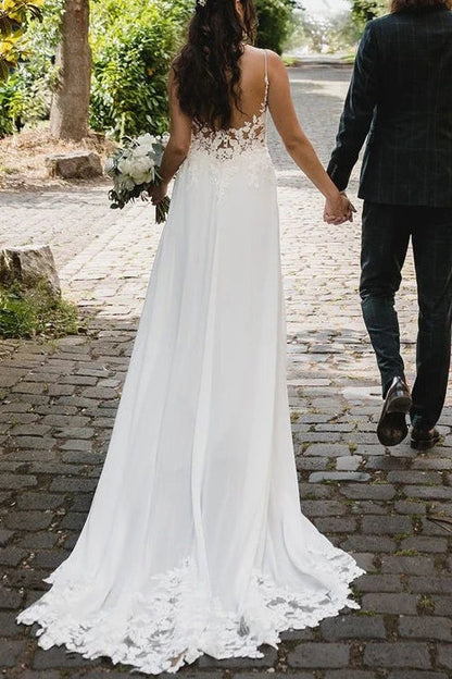 Spaghetti Straps V-Neck Empire Appliques A-Line Wedding Dress