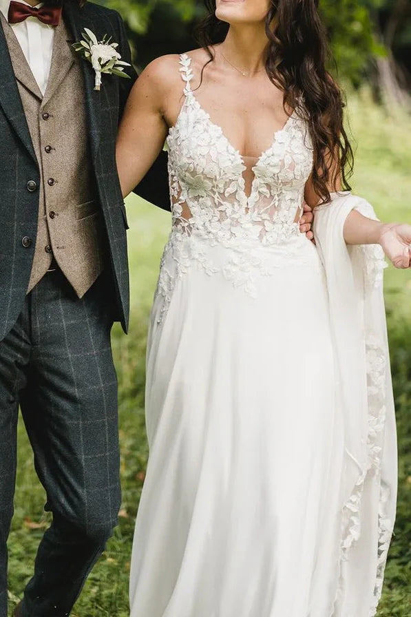Spaghetti Straps V-Neck Empire Appliques A-Line Wedding Dress