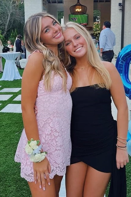 Spaghetti Straps V-Neck Fully Lace A-Line Party Homecoming Dress