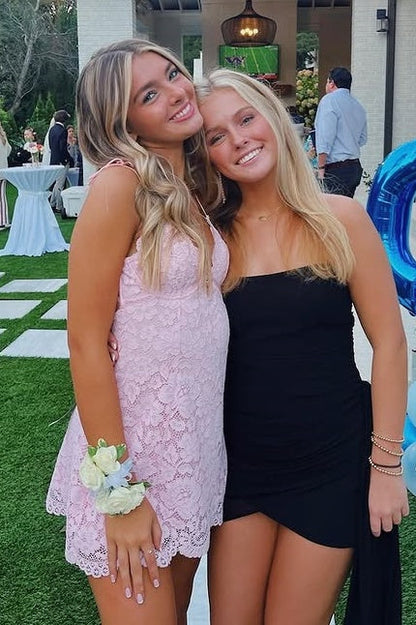 Spaghetti Straps V-Neck Fully Lace A-Line Party Homecoming Dress