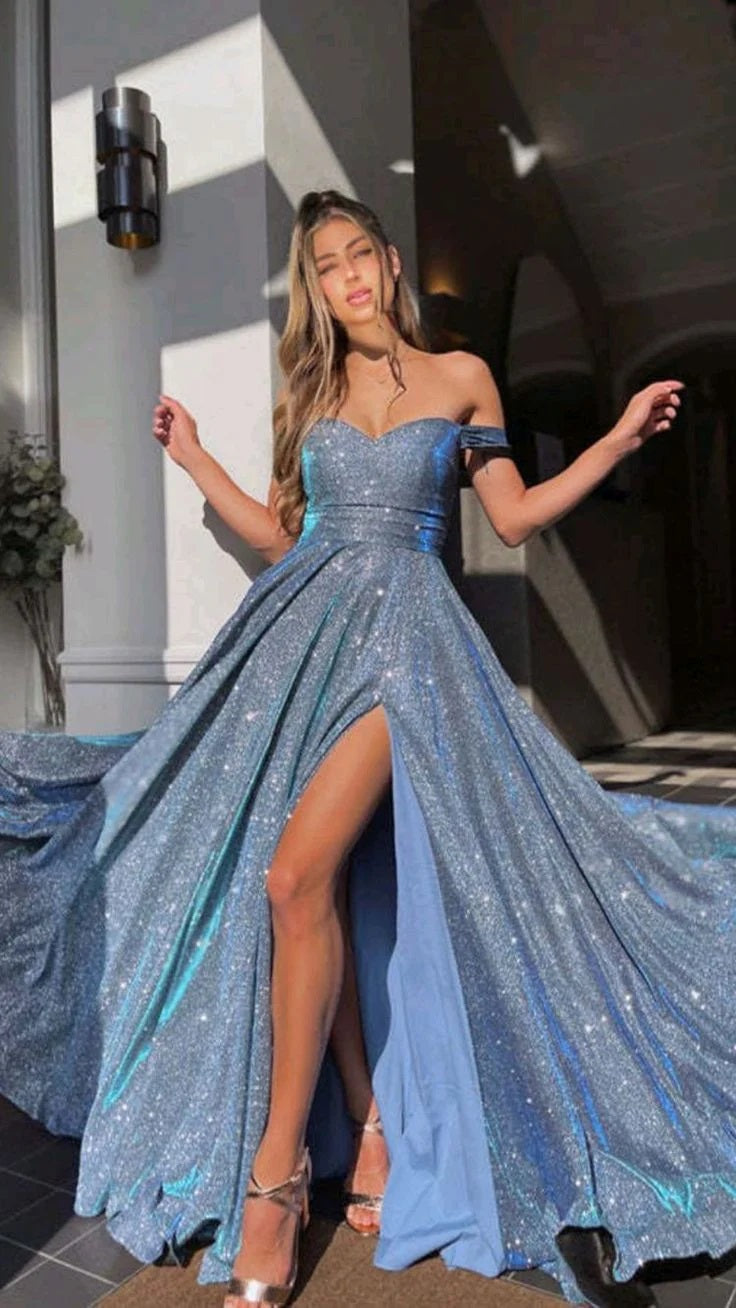 Sparkly Off Shoulder Evening Dress High Slit Long Party Dresses