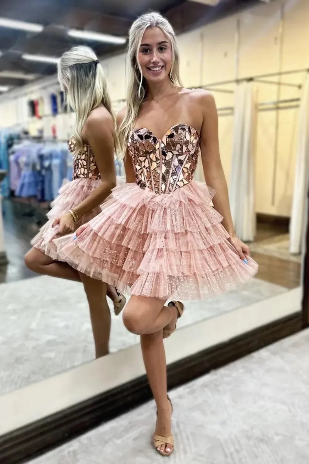 Sparkly A-Line Empire Sweetheart Strapless Beaded Homecoming Dress