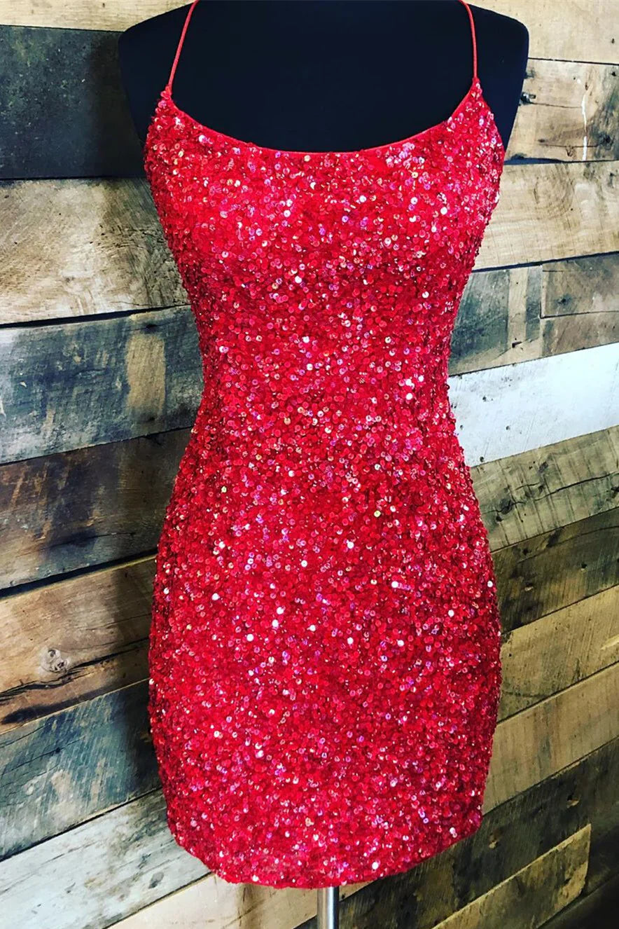 Sparkly Bateau Lace Up Sequins Fitted Homecoming Party Dress