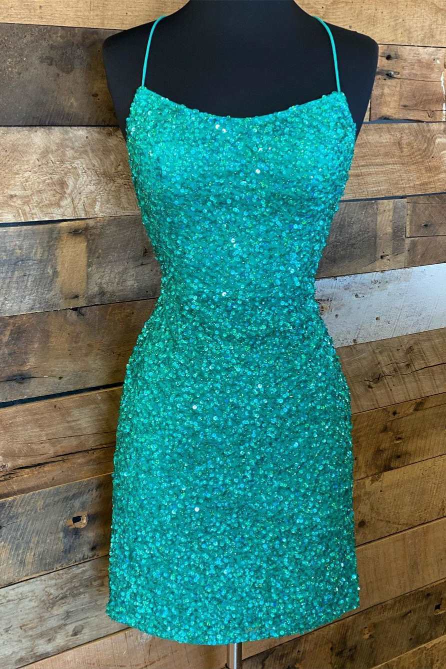 Sparkly Bateau Lace Up Sequins Fitted Homecoming Party Dress
