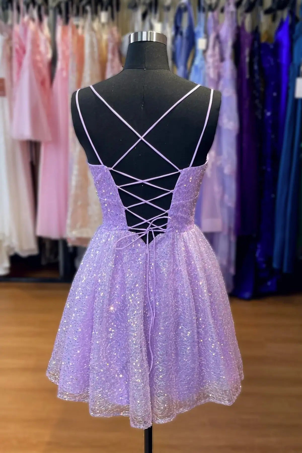 Sparkly Bateau Spaghetti Straps A-Line Short  Homecoming Party Dress