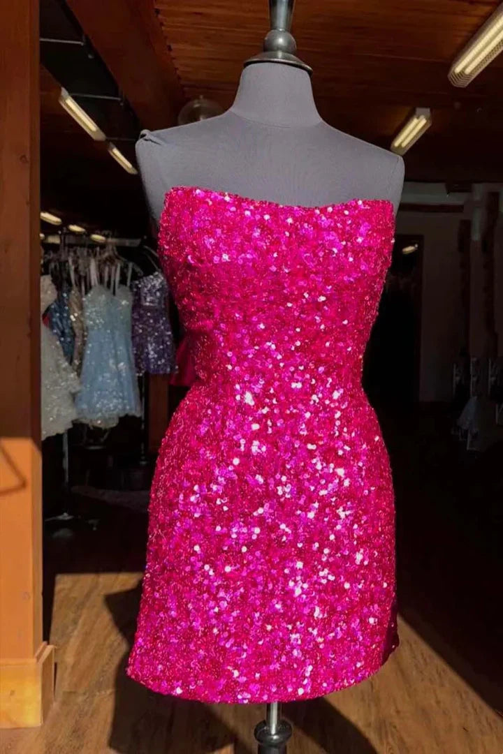 Sparkly Bateau Strapless Bodycon Sequins Homecoming Dress