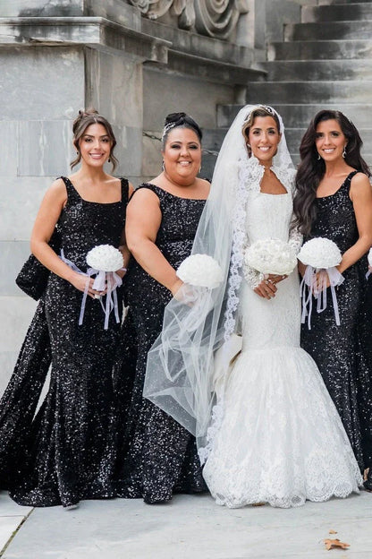 Sparkly Black Sequin Square Mermaid Bridesmaid Dress