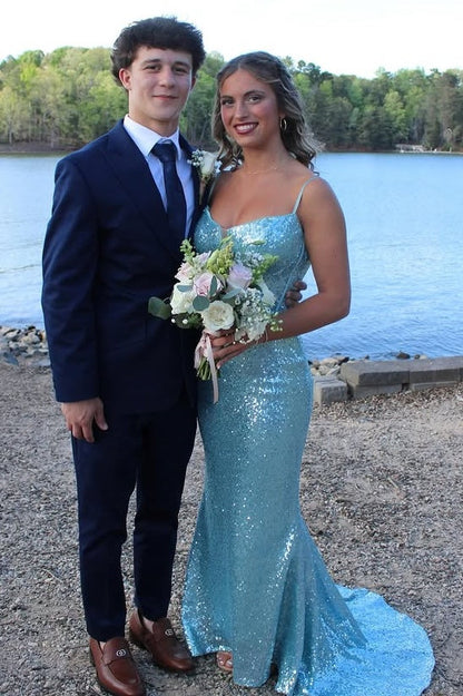 Sparkly Blue Mermaid Sleeveless Sheath Sequin Party Prom Dress