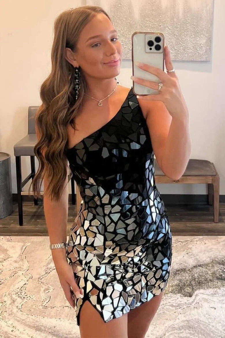 Sparkly Bodycon One Shoulder Beaded Homecoming Dress