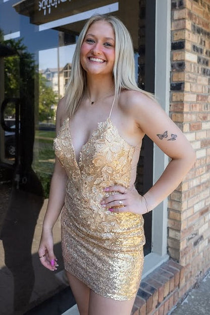 Sparkly Bodycon V-Neck Lace-Up Mini Homecoming Dress