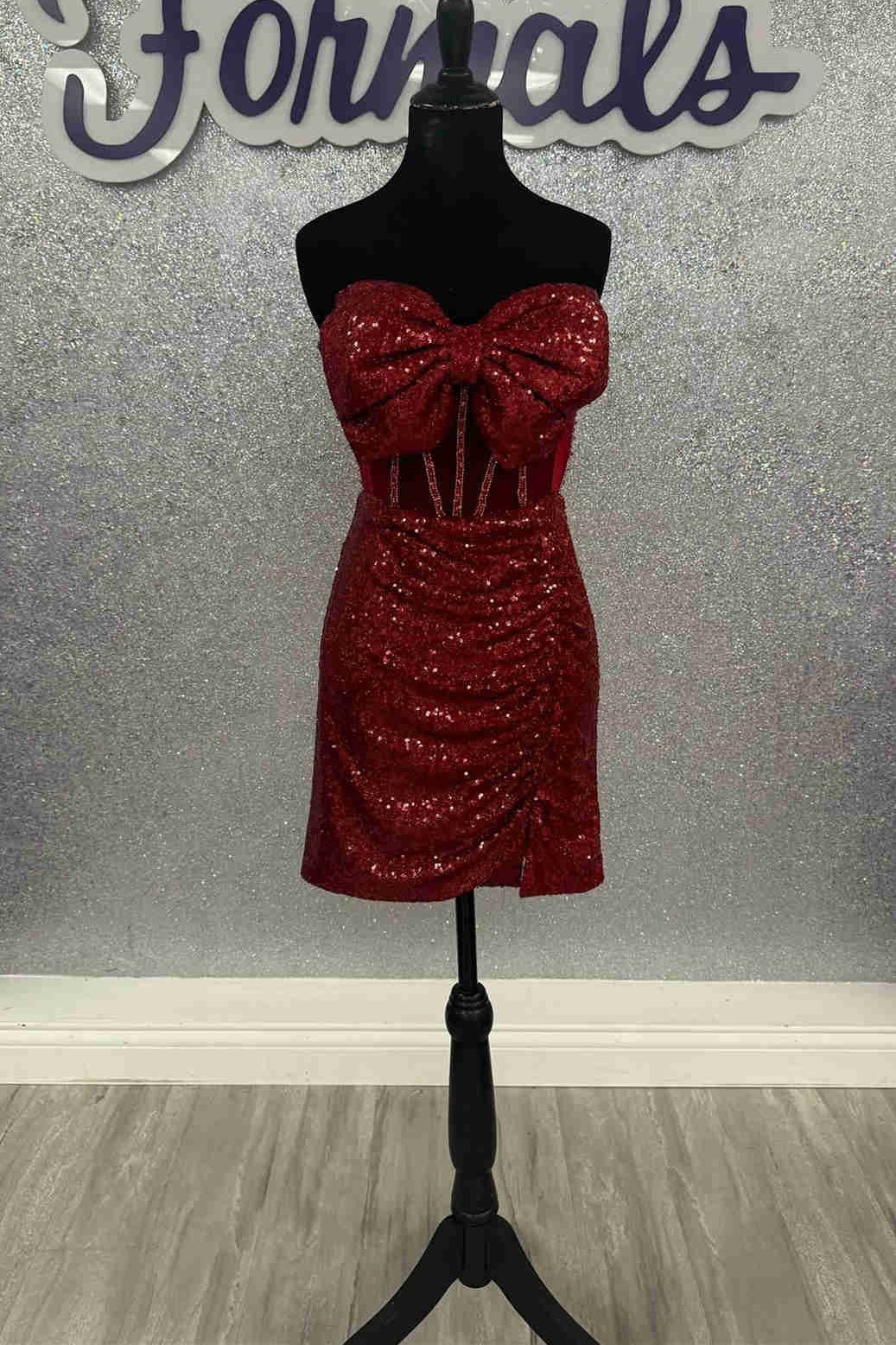 Sparkly Bow Atrapless Empire Sequins Homecoming Dress
