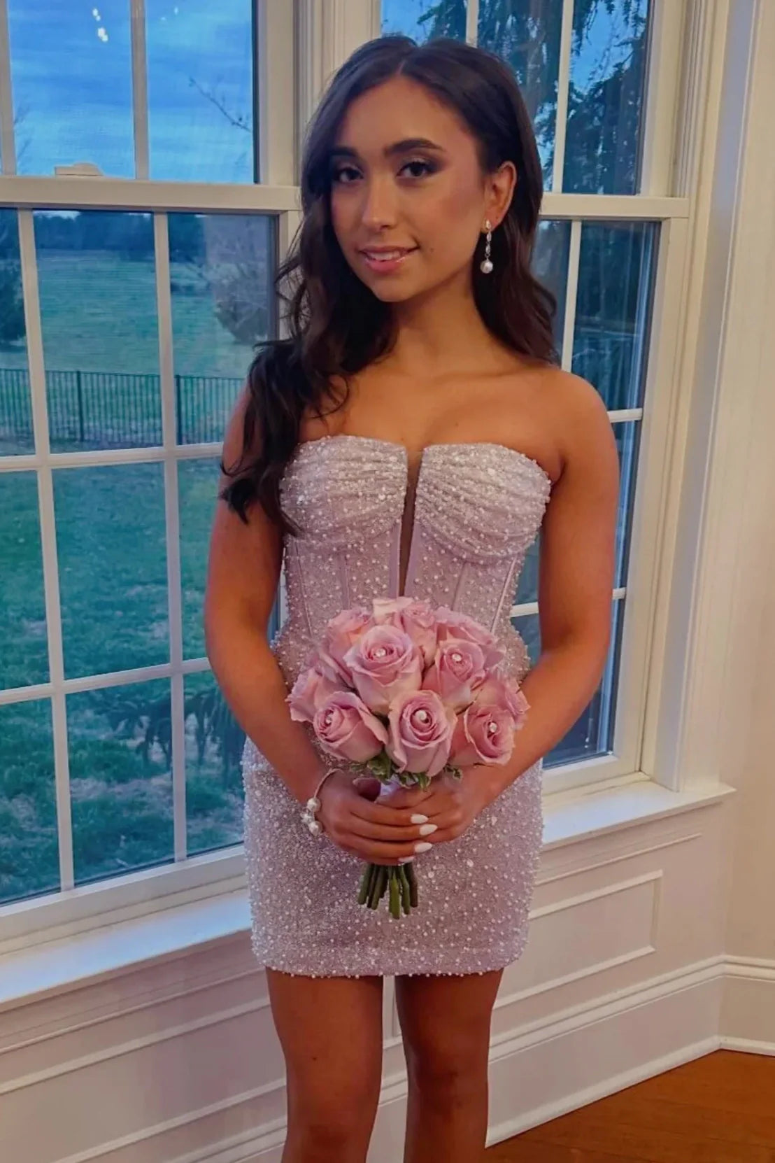 Sparkly Fitted Strapless Fully Sequin Beaded Mini Homecoming Dress