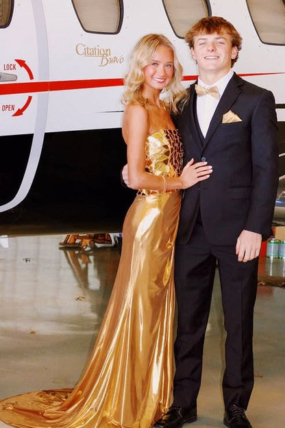 Sparkly Gold Beaded Top Mermaid Party Prom Dress With Train
