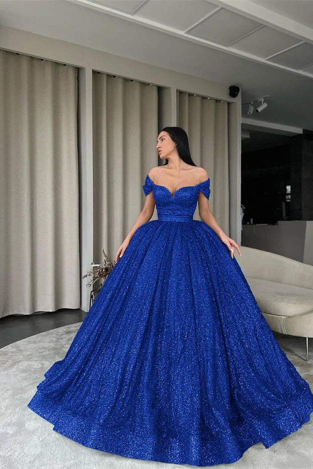 Sparkly Off-Shoulder Empire A-Line Sequin Prom Gown
