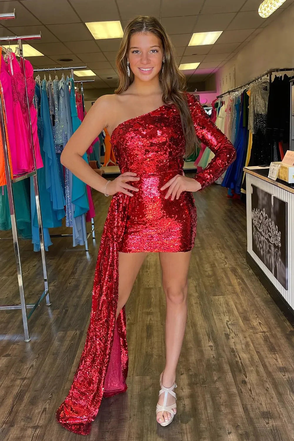 Sparkly One Shoulder Bodycon Empire Sequins Homecoming Dress