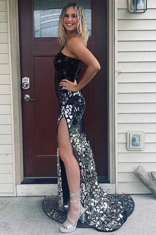 Sparkly One Shoulder Sleeveless Empire Mermaid Party Prom Dress