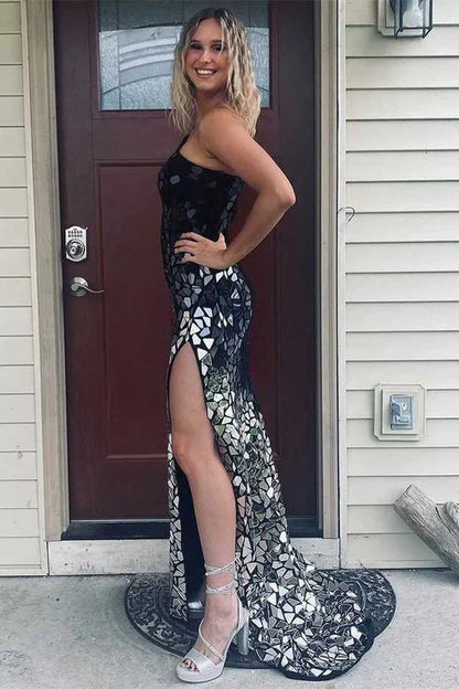 Sparkly One Shoulder Sleeveless Empire Mermaid Party Prom Dress
