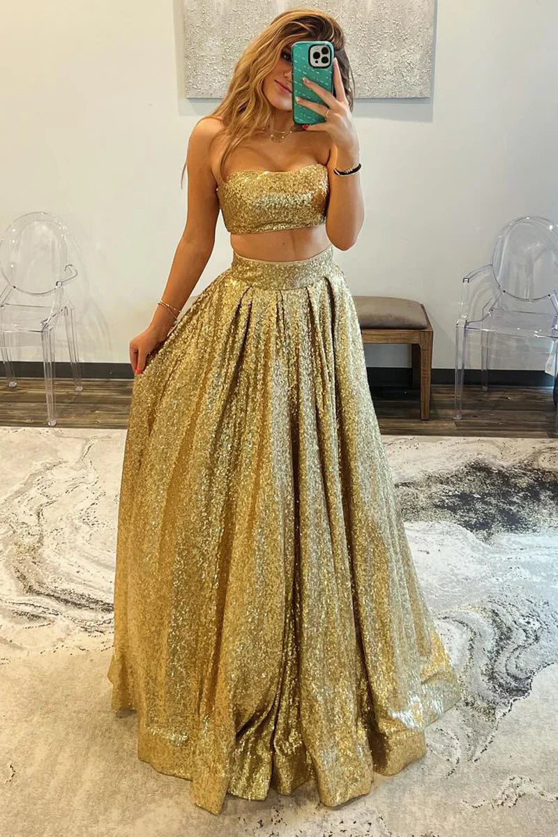 Sparkly Satin A-Line Two Piece Long Party Prom Dress