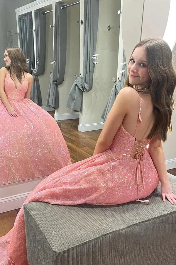 Sparkly Satin A-Line V-Neck Sleeveless Party Prom Dress